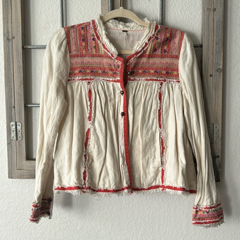 Free People Double Linen Summer Trapeze Embroidered Jacket xs